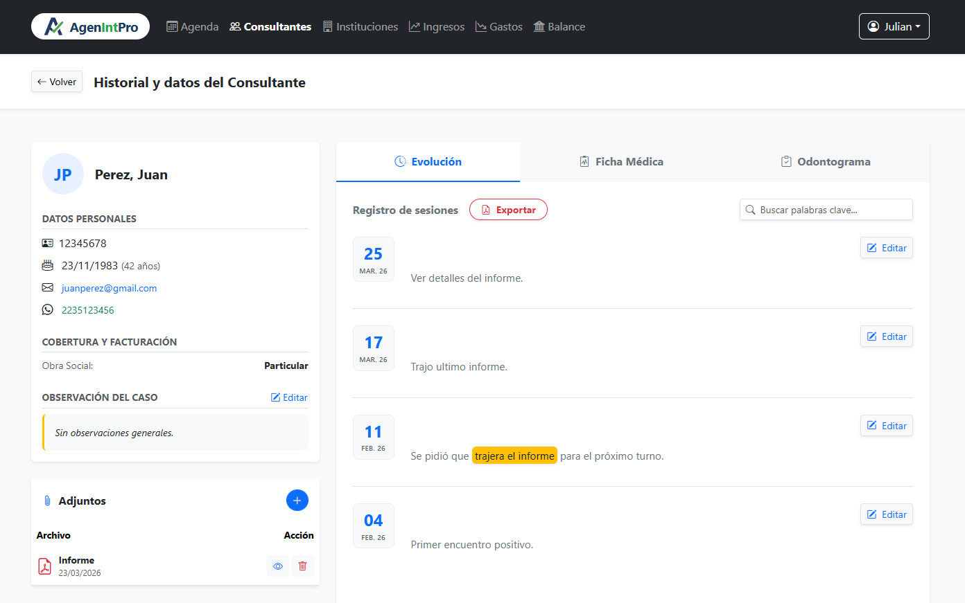 Captura de Ficha Médica AgenIntPro